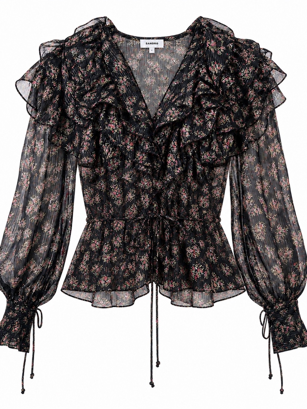 Topshop Black Sheer Floral Ruffle Blouse